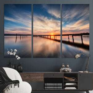 Wooden Pier on Seascape and Sunset Wall Art Canvas Print