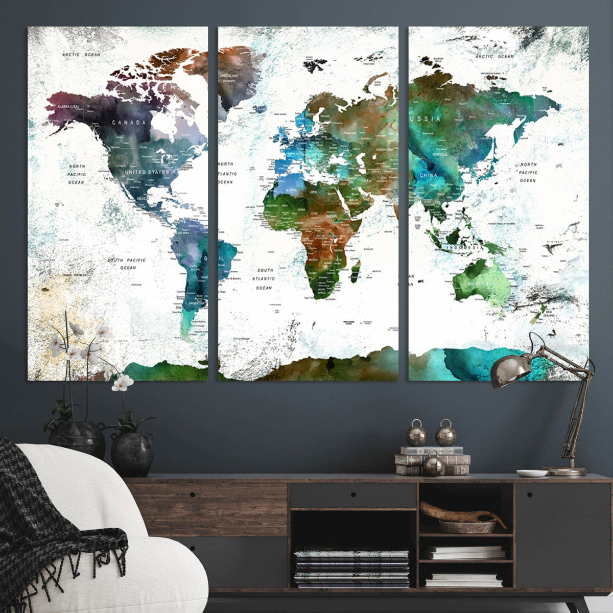 Modern Watercolor World Map Canvas Wall Art – Framed
