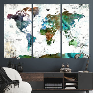 Modern Watercolor World Map Canvas Wall Art – Framed