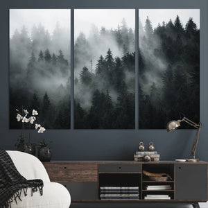 Foggy Forest Wall Art Canvas Print | 3 Panel Large Misty