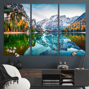 Spectacular autumn view of Braies Lake Wall Art Canvas Print