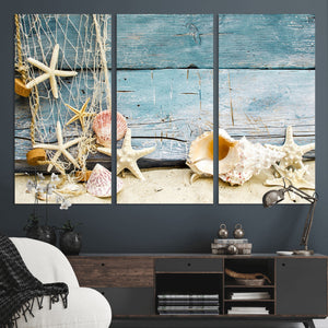 Seashells on Rustic Wooden Background, Seashells Wall Art