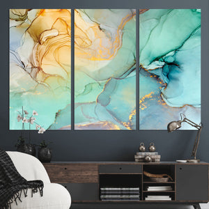 Abstract Aqua and Gold Fluid Wall Art Canvas | 3 Panel Large