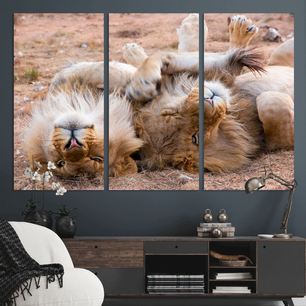 Lion Pair Wall Art Canvas Print – Framed Wildlife Scene with