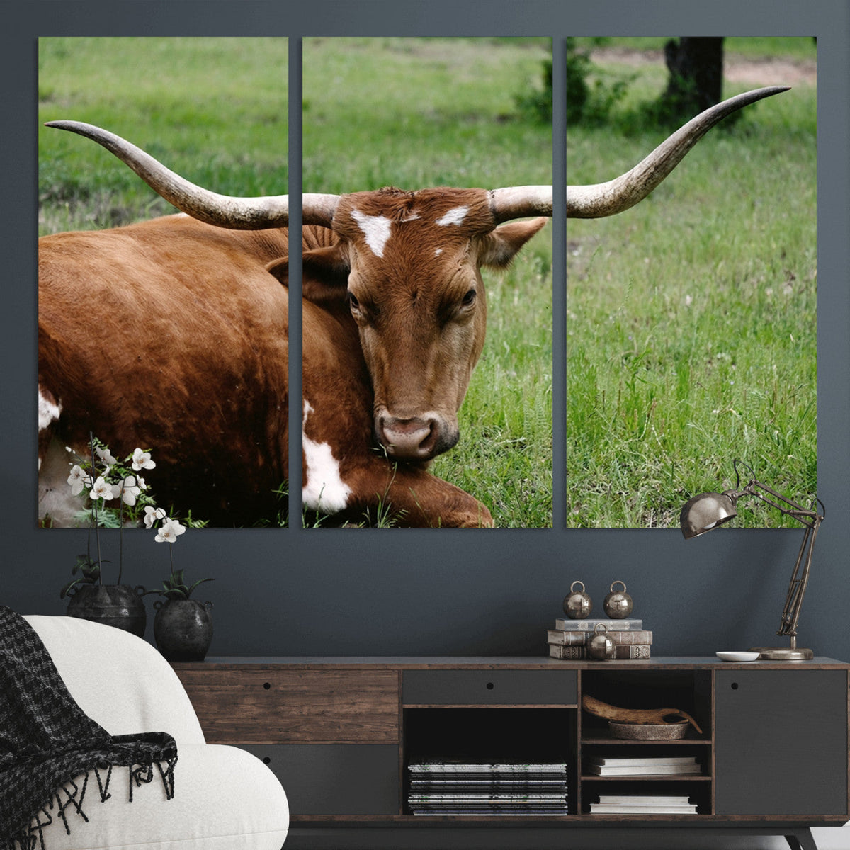Longhorn Steer Canvas Wall Art – Rustic Nature Triptych