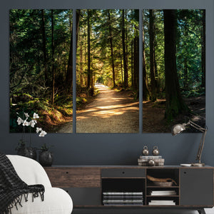 Sunlit Forest Pathway Canvas Print | 3 Panel Large Nature