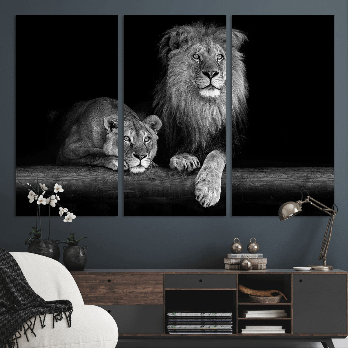 Large Black and White Lion Couple Wall Art Canvas Print –