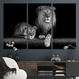 Large Black and White Lion Couple Wall Art Canvas Print –