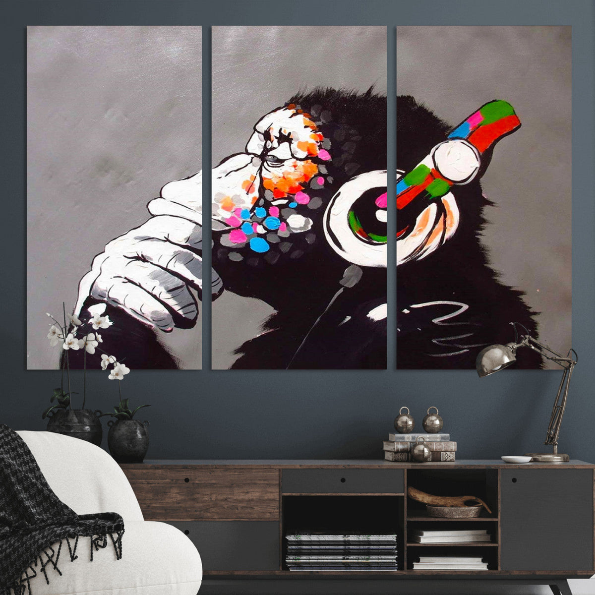 Dj Monkey Listening to Music Wall Art Print | Banksy Monkey
