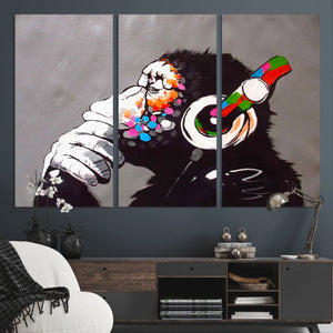 Dj Monkey Listening to Music Wall Art Print | Banksy Monkey
