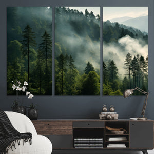 Misty Forest Wall Art Premium Canvas Print a Foggy and