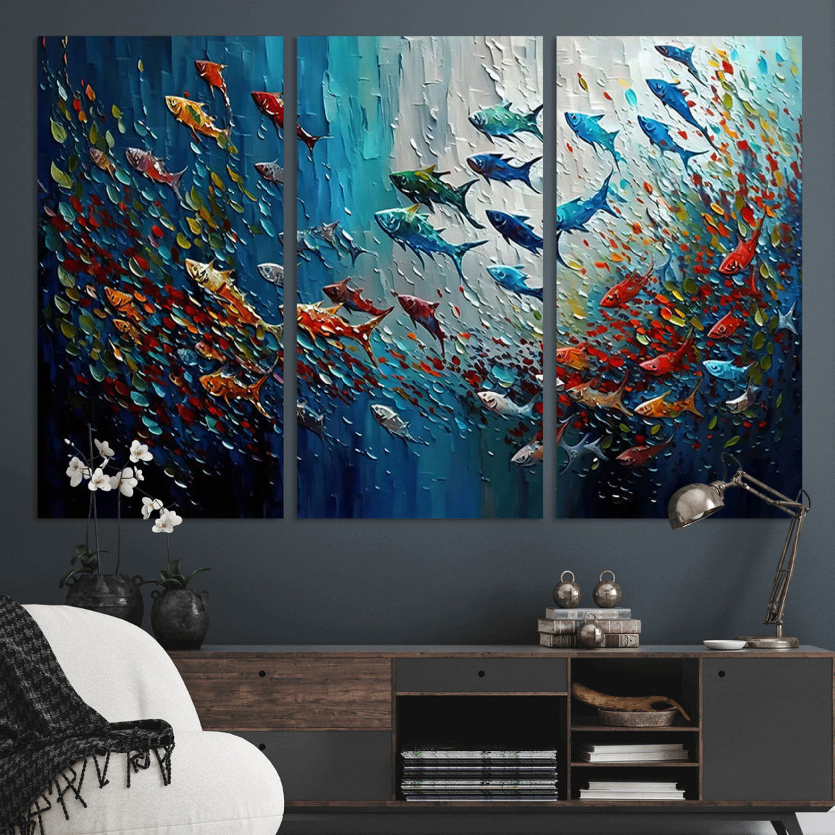 Modern Abstract Fish Shoal Wall Art Canvas Print, Colorful