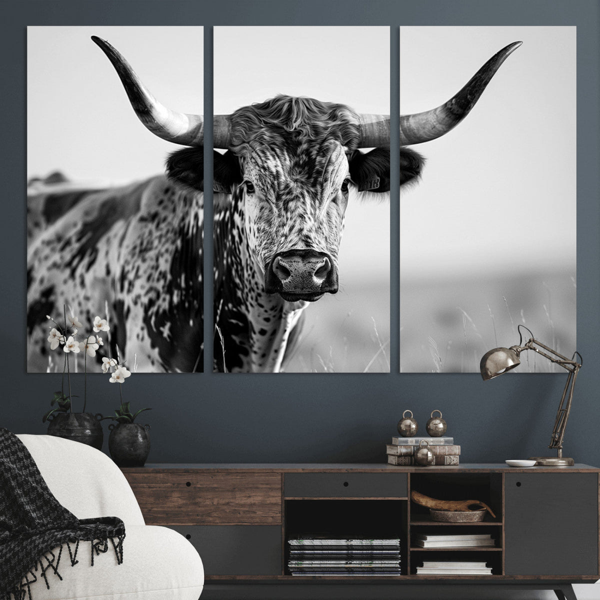 Texas Highland Cow Longhorn Canvas Print - Rustic Farmhouse