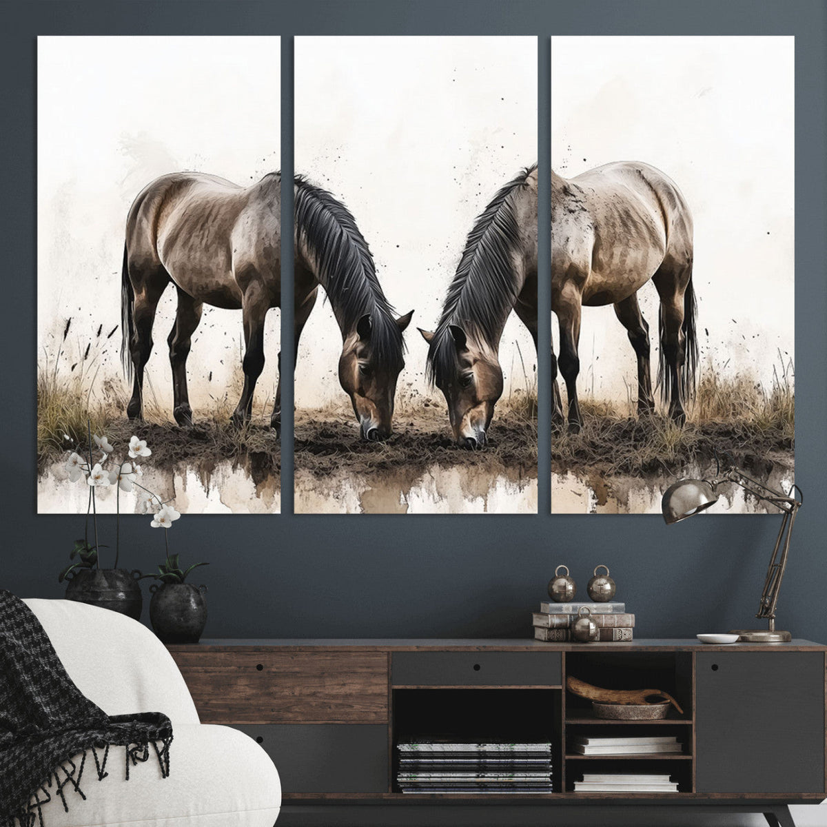 Chines Ink Style Horses Wall Art Canvas Print