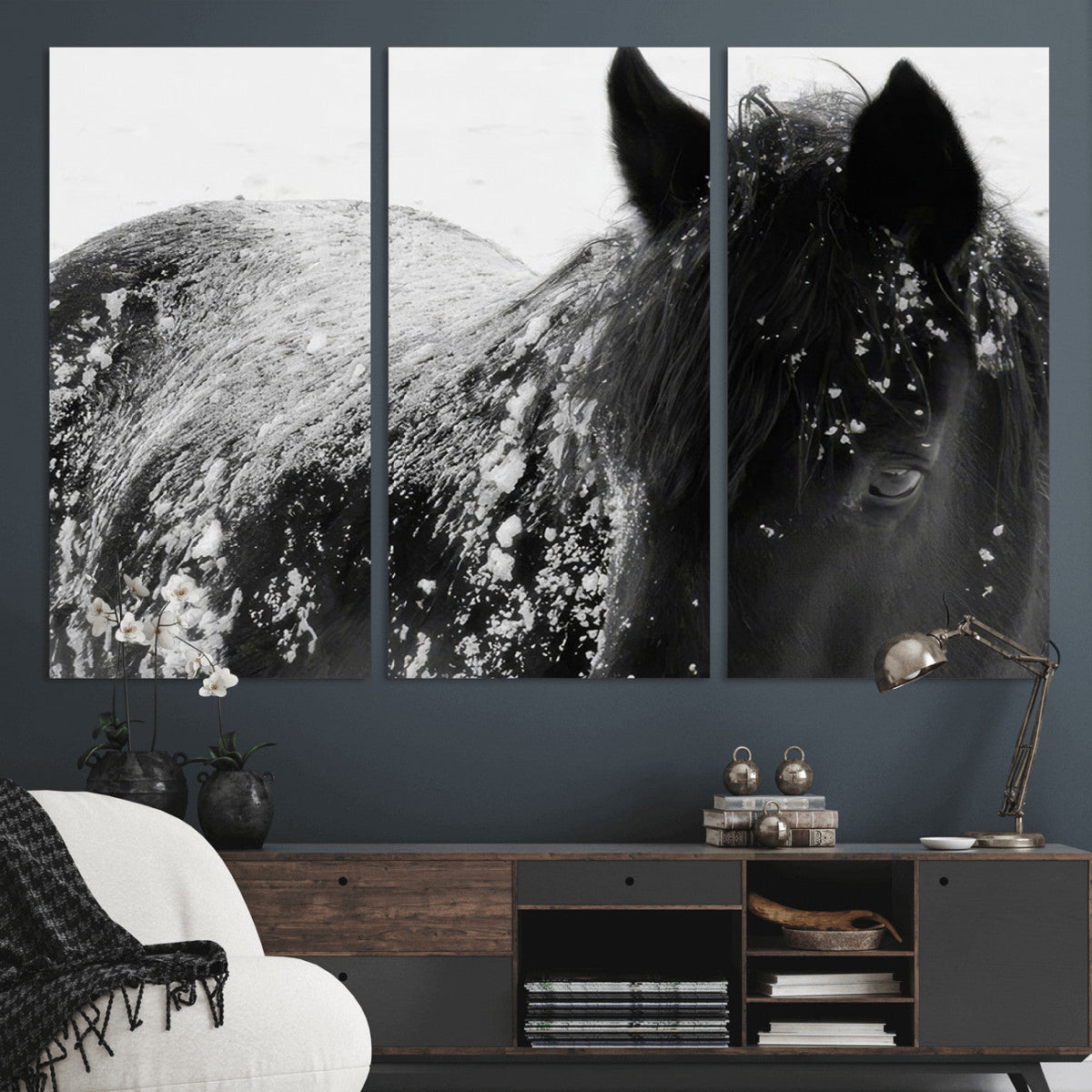 Black Horse in Snow Canvas Print | Winter Horse Wall Art |
