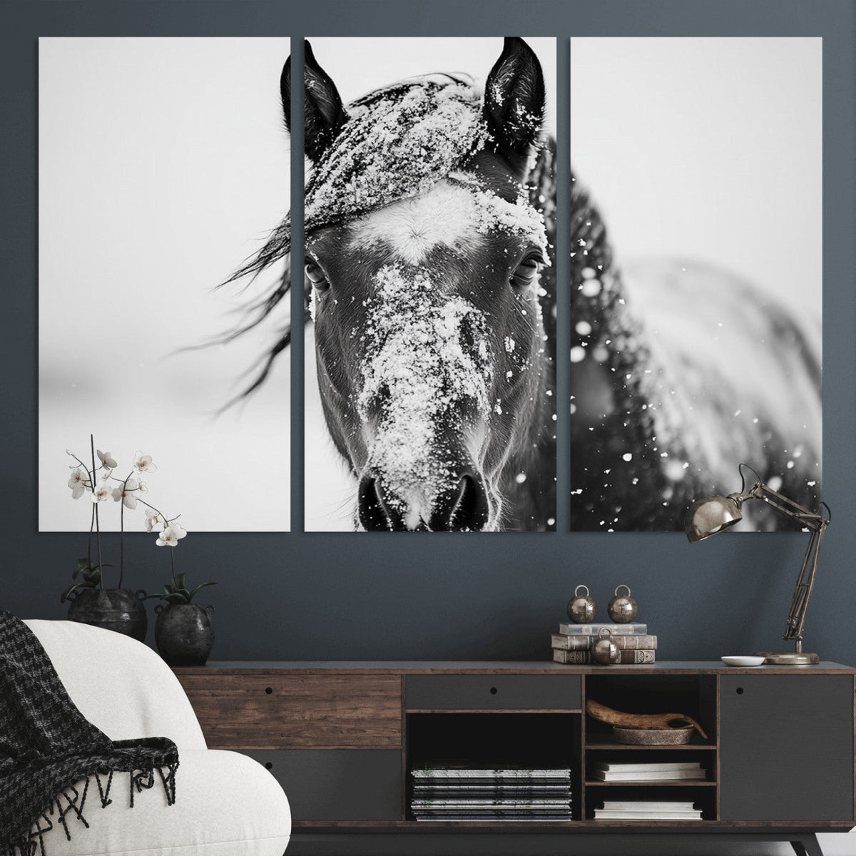 Western Wall Art | Black and White Winter Horse Wall Art |