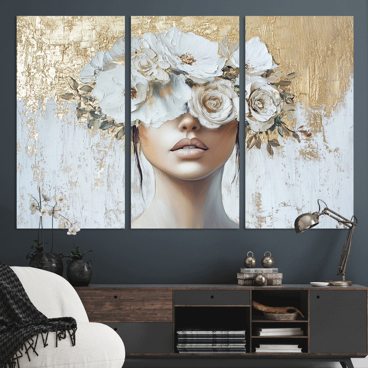 Golden Petal Wall Art - Canvas Print Flower Head Woman