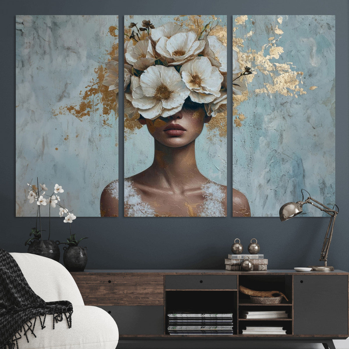 Golden Petal Wall Art - Petal Silhouette Woman Wall Art
