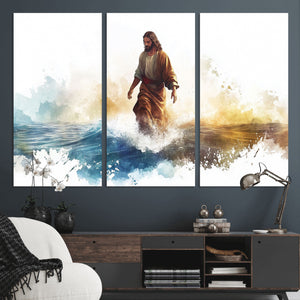 Watercolor Jesus Walking Wall Art Print, Jesus Water Canvas