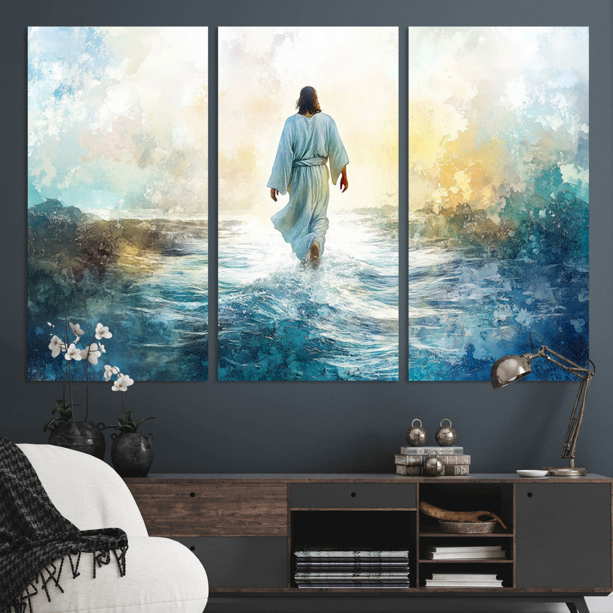Watercolor Jesus Walking on Water Canvas Print, Christian