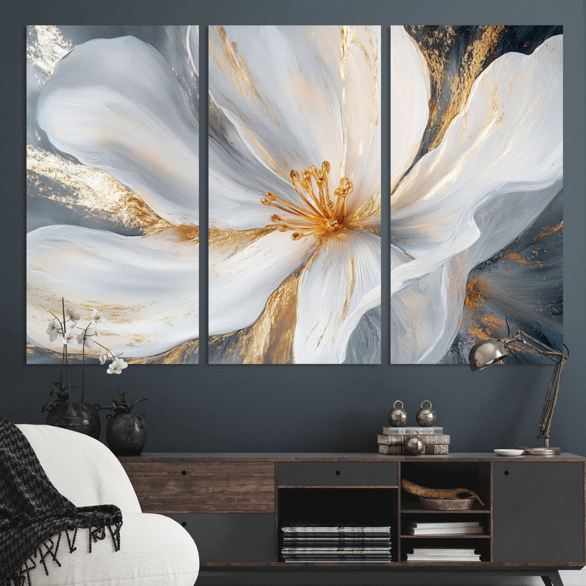 White and Gold Floral Canvas Wall Art - Framed and Ready to