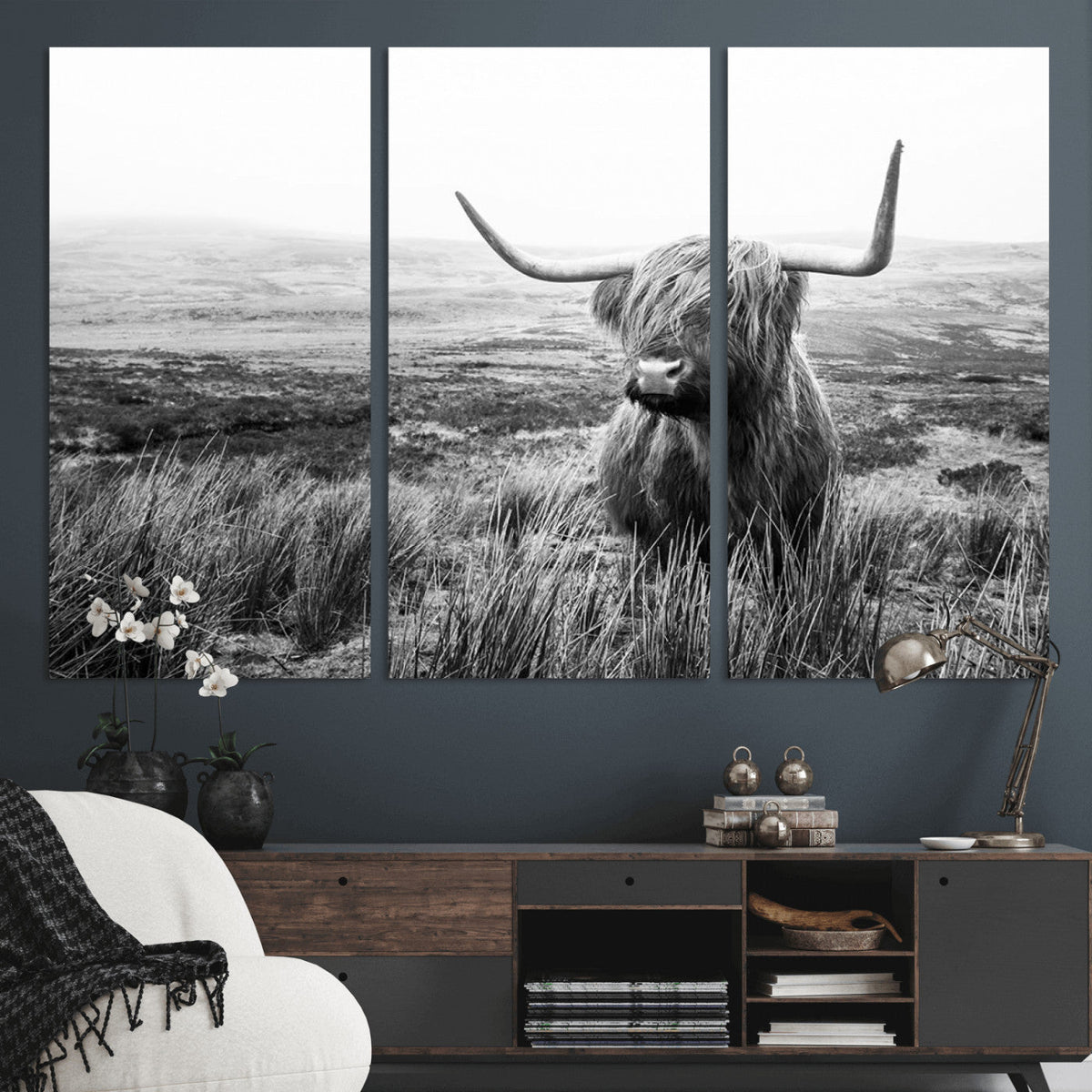 Scottish Highland Cow Wall Art | Black and White Canvas