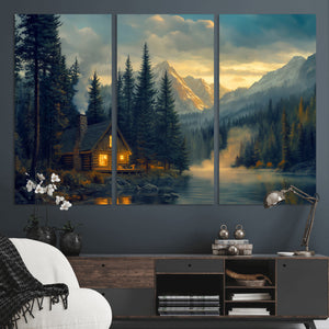 Mountain Cabin by the Lake at Sunset Wall Art - Serene