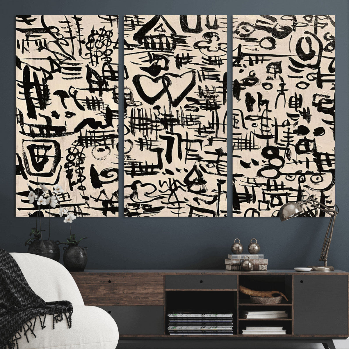 Abstract Love and Chaos Canvas Print, Black Symbols on Beige