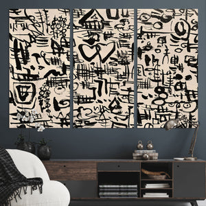 Abstract Love and Chaos Canvas Print, Black Symbols on Beige