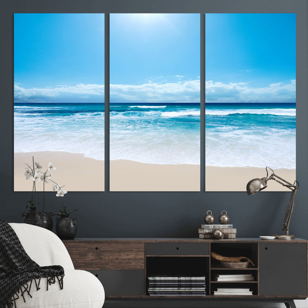 Wall Art Canvas Print Shiny Blue Sea and Beach