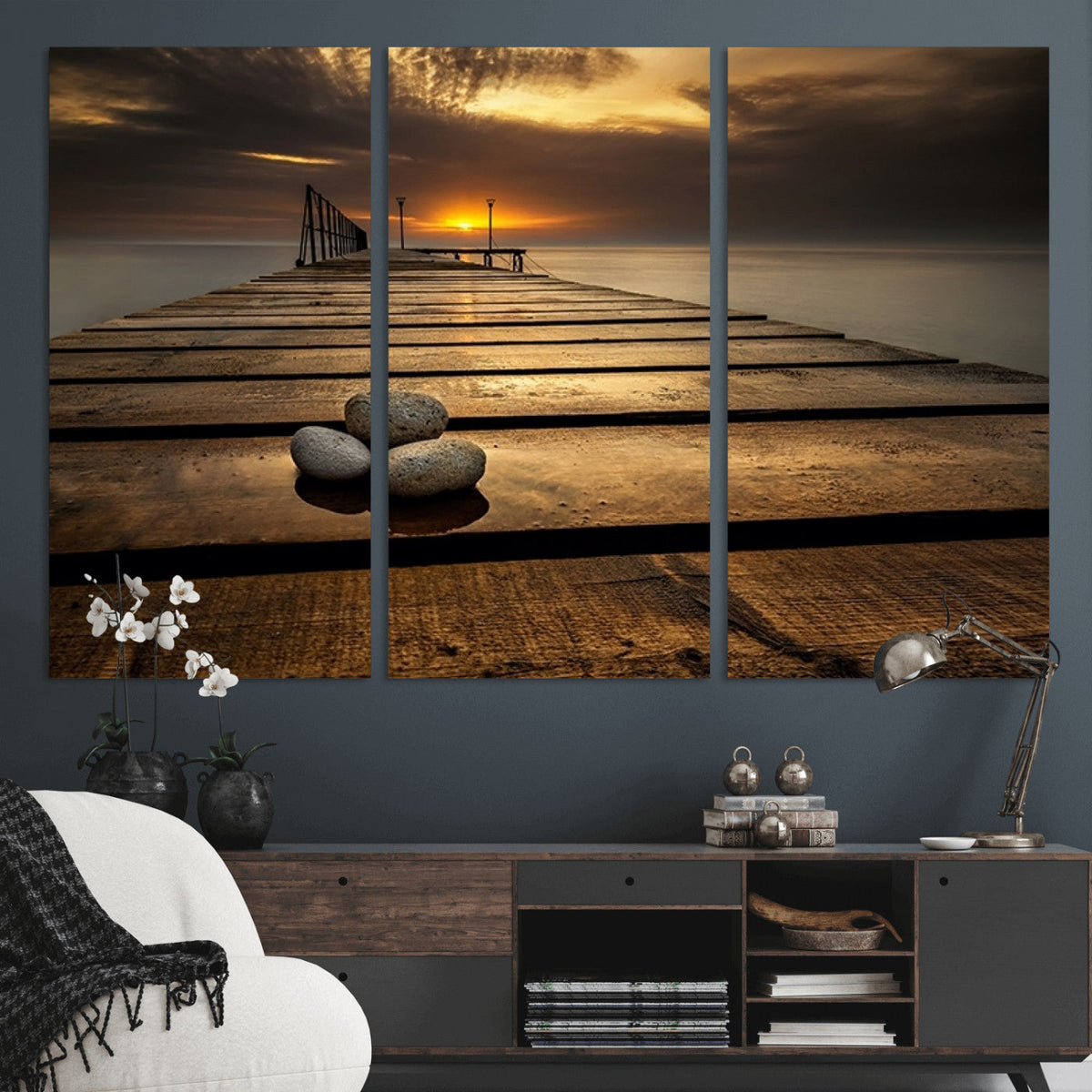 Stones on Wooden Pier at Sunset Canvas Print, Serene Coastal