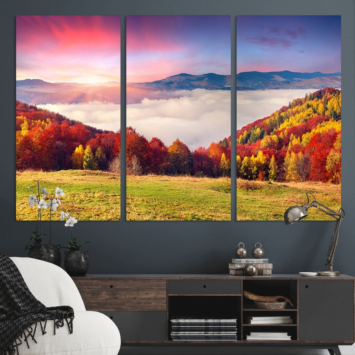 Autumn Mountain Foggy Landscape Wall Art Canvas Print |