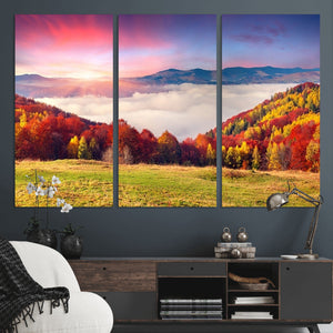 Autumn Mountain Foggy Landscape Wall Art Canvas Print |