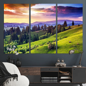 Green Hills and Sunset Wall Art Print - Scenic Landscape