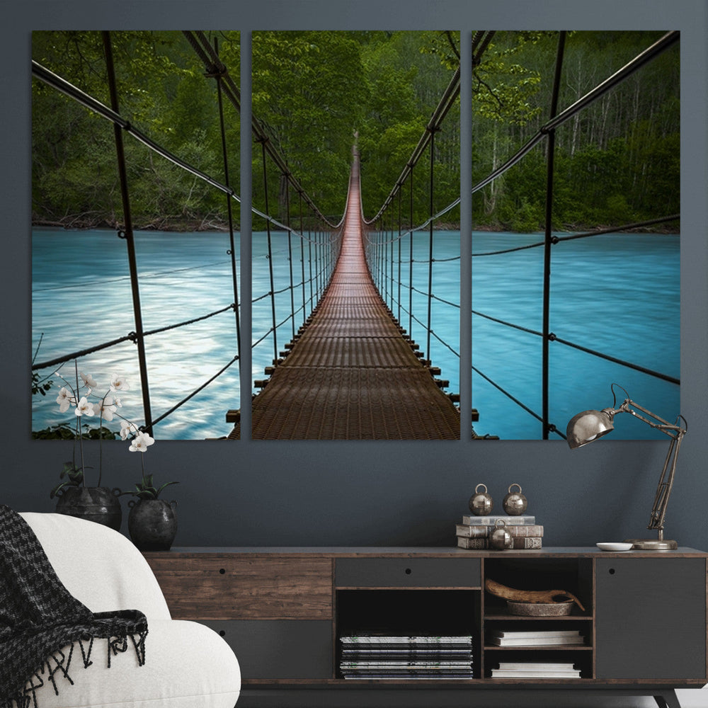 Suspension Bridge Over River Canvas Art | 3-Panel Nature