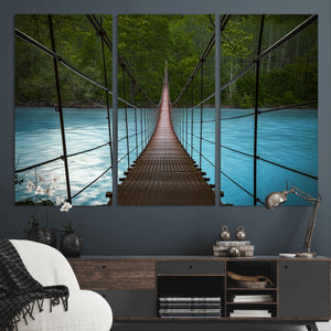 Suspension Bridge Over River Canvas Art | 3-Panel Nature