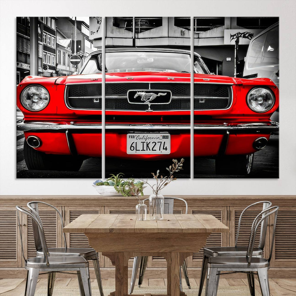 Red Mustang Car Wall Art – Framed Classic Vehicle Canvas