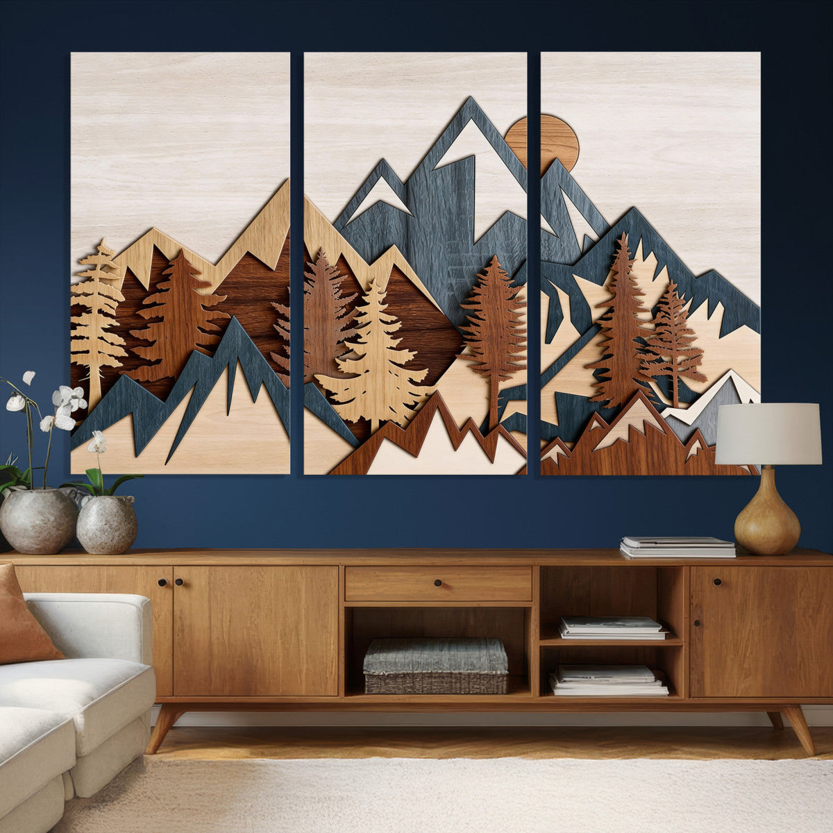 Woodland Mountain Landscape Triptych, Giclee Canvas Art for