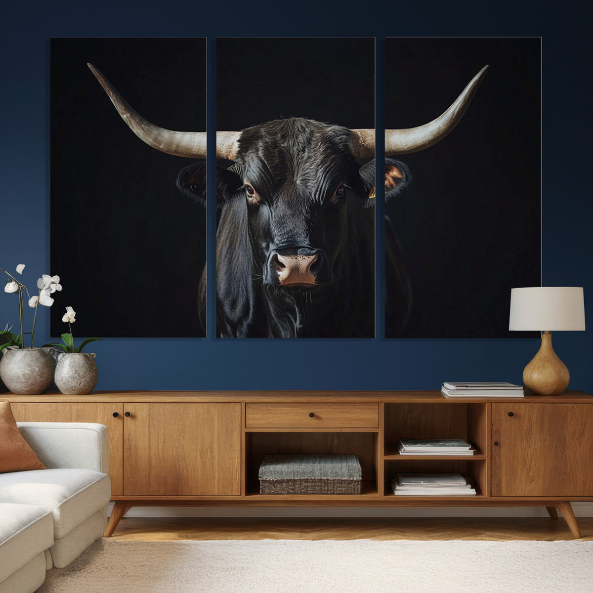 Majestic Longhorn Bull Wall Art Canvas Print – Dark