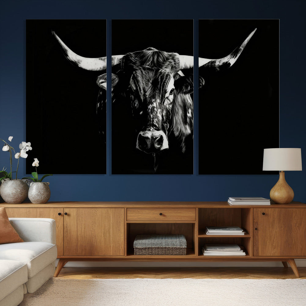 Black Bull Wall Art Canvas Print, Dark Longhorn Portrait