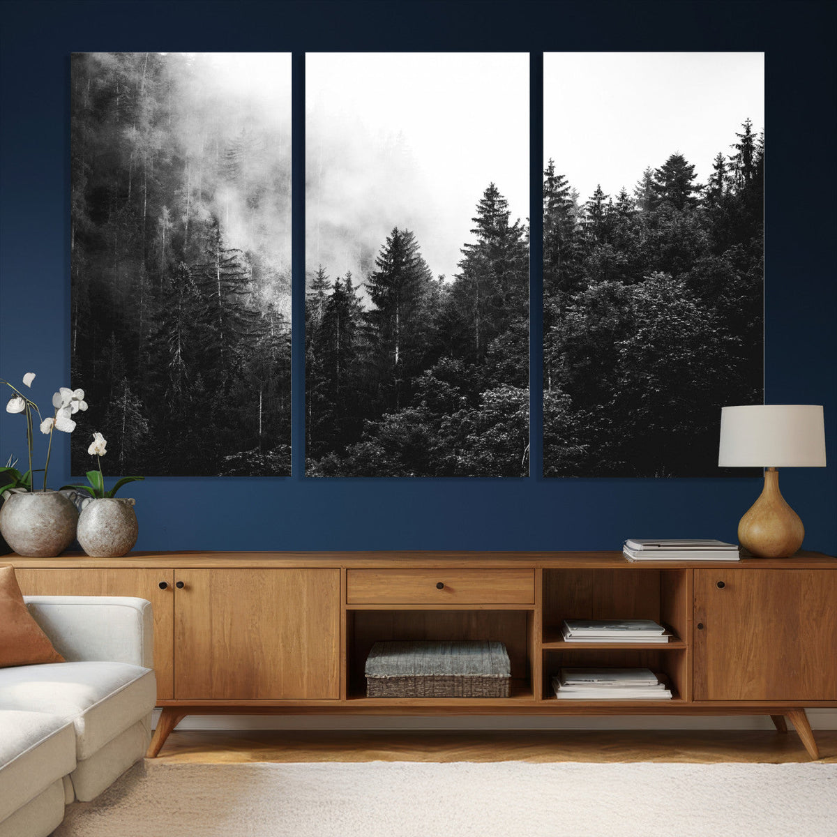 Black White Forest Wall Art Canvas Print, Misty Pine Tree