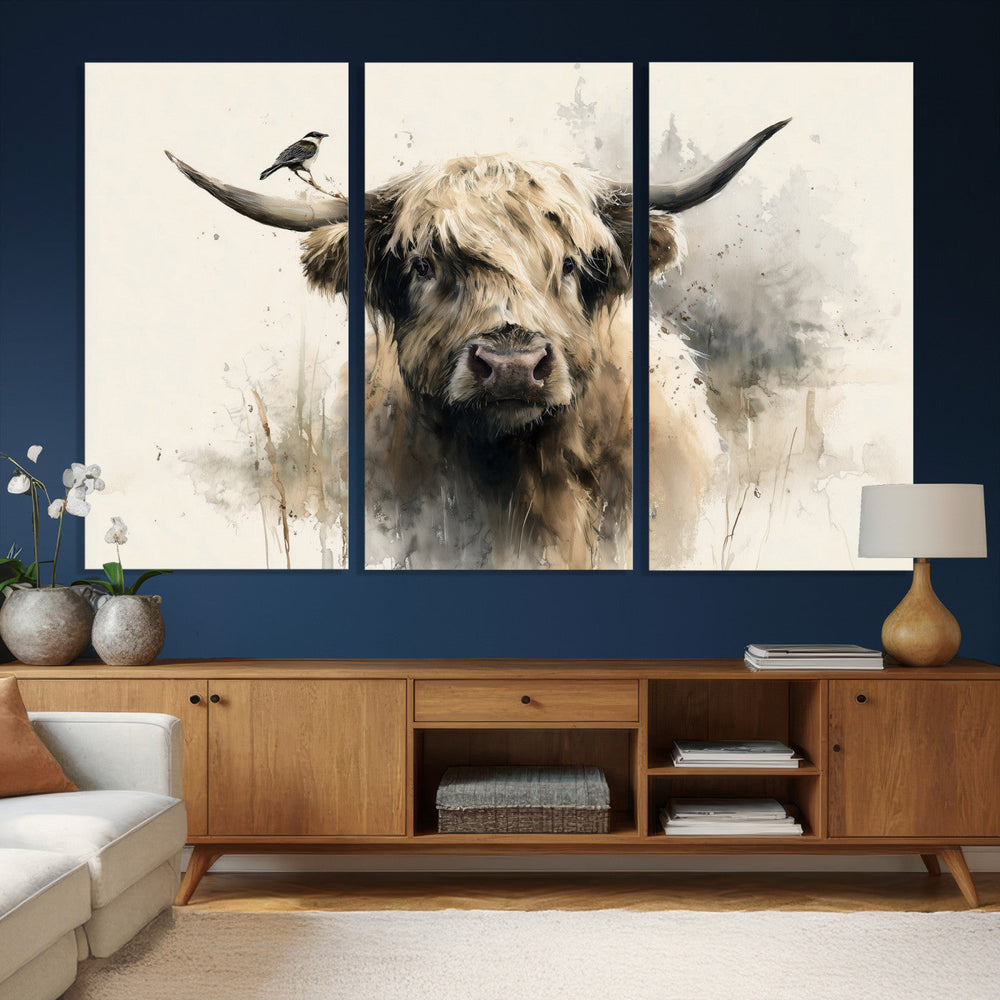 Abstract Highland Cow Wall Art Canvas Print, Rustic Farm