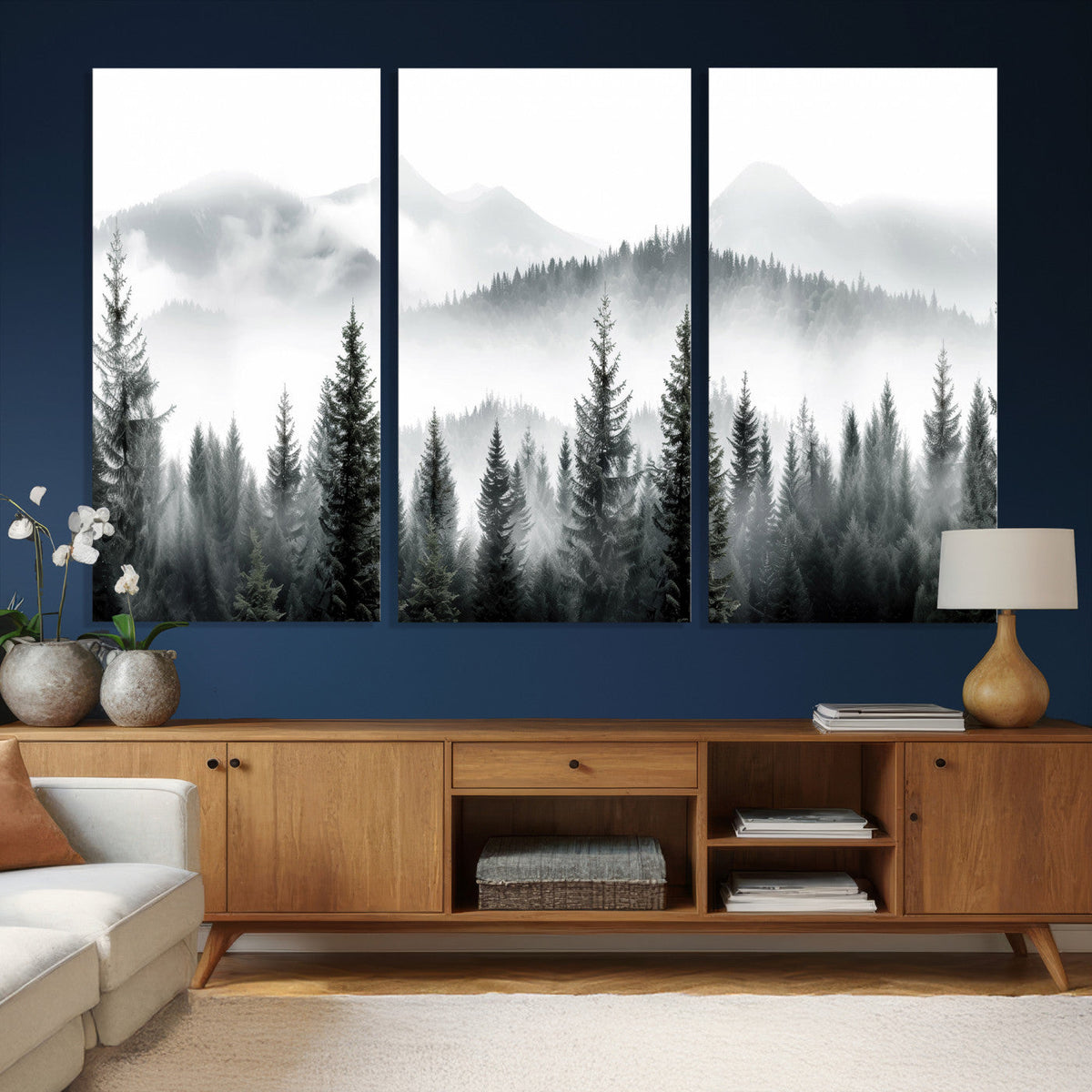 Misty Pine Forest Mountain Landscape Wall Art Canvas Print