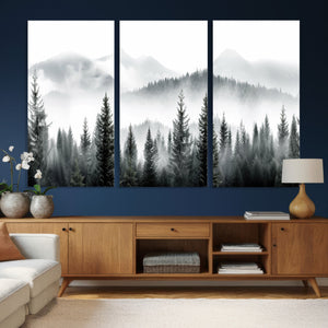 Misty Pine Forest Mountain Landscape Wall Art Canvas Print