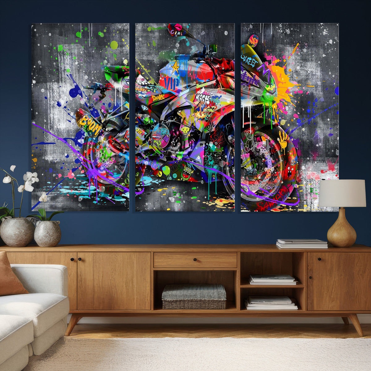 Graffiti Motorcycle Wall Art Canvas Print, Urban Street Art