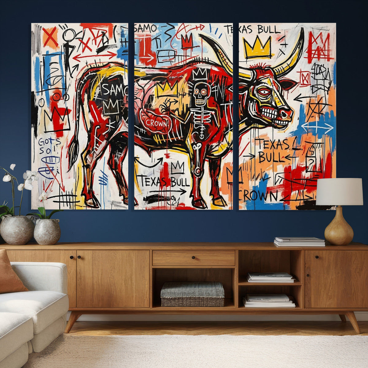 Texas Bull Wall Art Canvas Print, Abstract Graffiti Bull