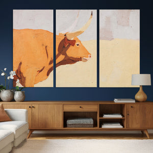 Minimal Longhorn Bull Wall Art Canvas Print, Neutral Western