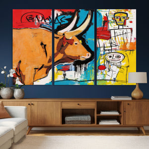 Basquiat Style Bull Graffiti Wall Art Canvas Print, Street