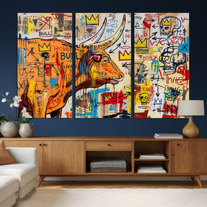 Basquiat Style Bull Graffiti Wall Art Canvas Print, Street