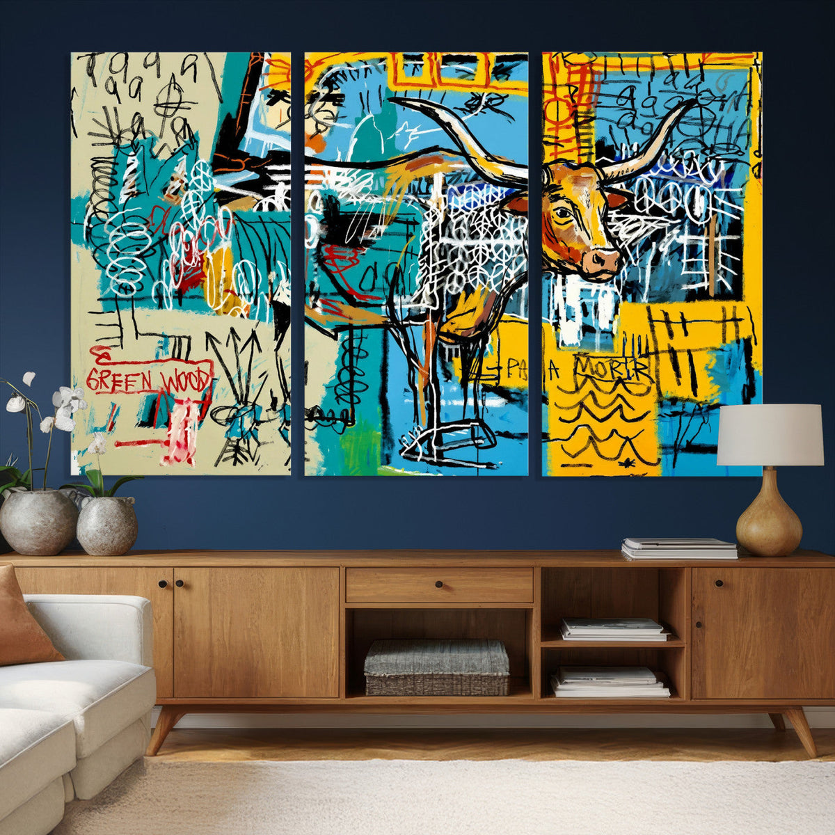 Basquiat Style Bird Bull Graffiti Wall Art Canvas Print,